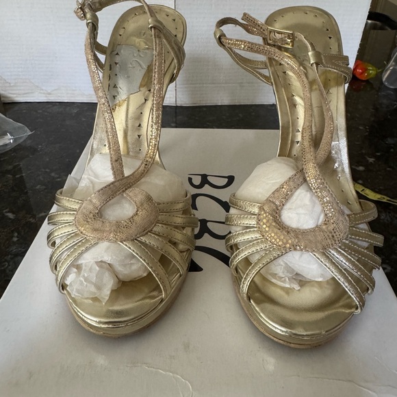 BCBG Metallic Gold Strappy Heels - Picture 1 of 5